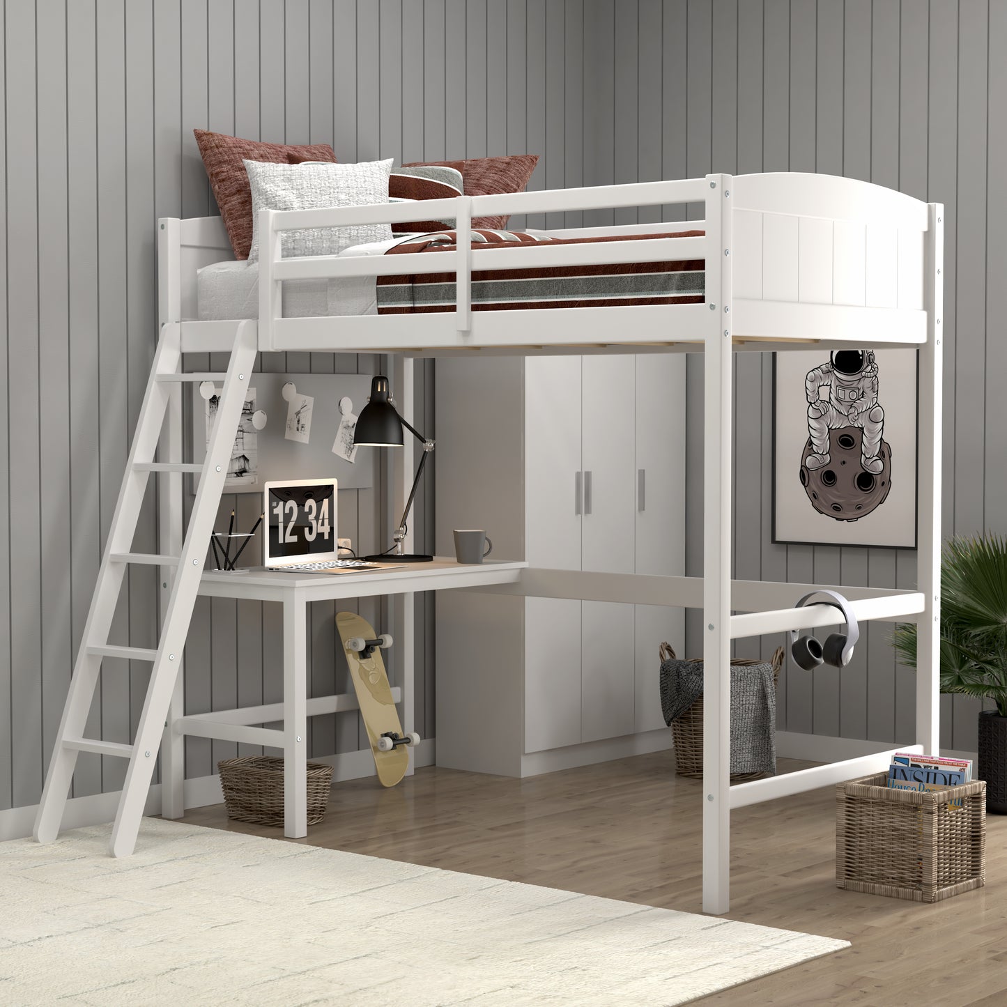 Living Essentials by Hillsdale Alexis Wood Arch Twin Loft Bed with Desk, White