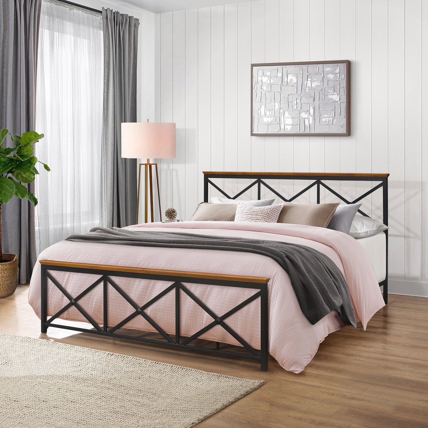 Hillsdale Furniture Ashford Metal King Bed with Wood Accent, Textured Black with Oak Finished Wood