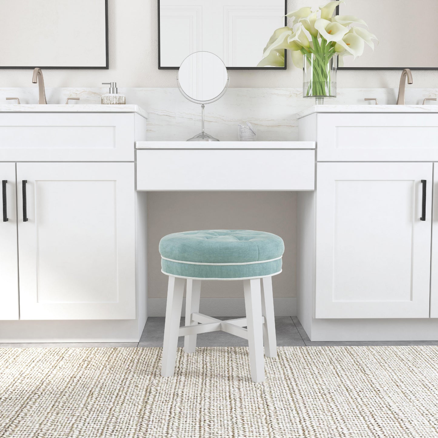 Hillsdale Furniture Sophia Tufted Backless Vanity Stool, White with Spa Blue Fabric