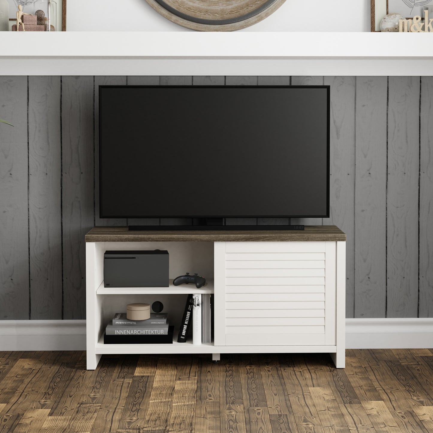 Living Essentials by Hillsdale Handerson 47 Inch Wood Entertainment Console, White with Dark Oak Finish Top