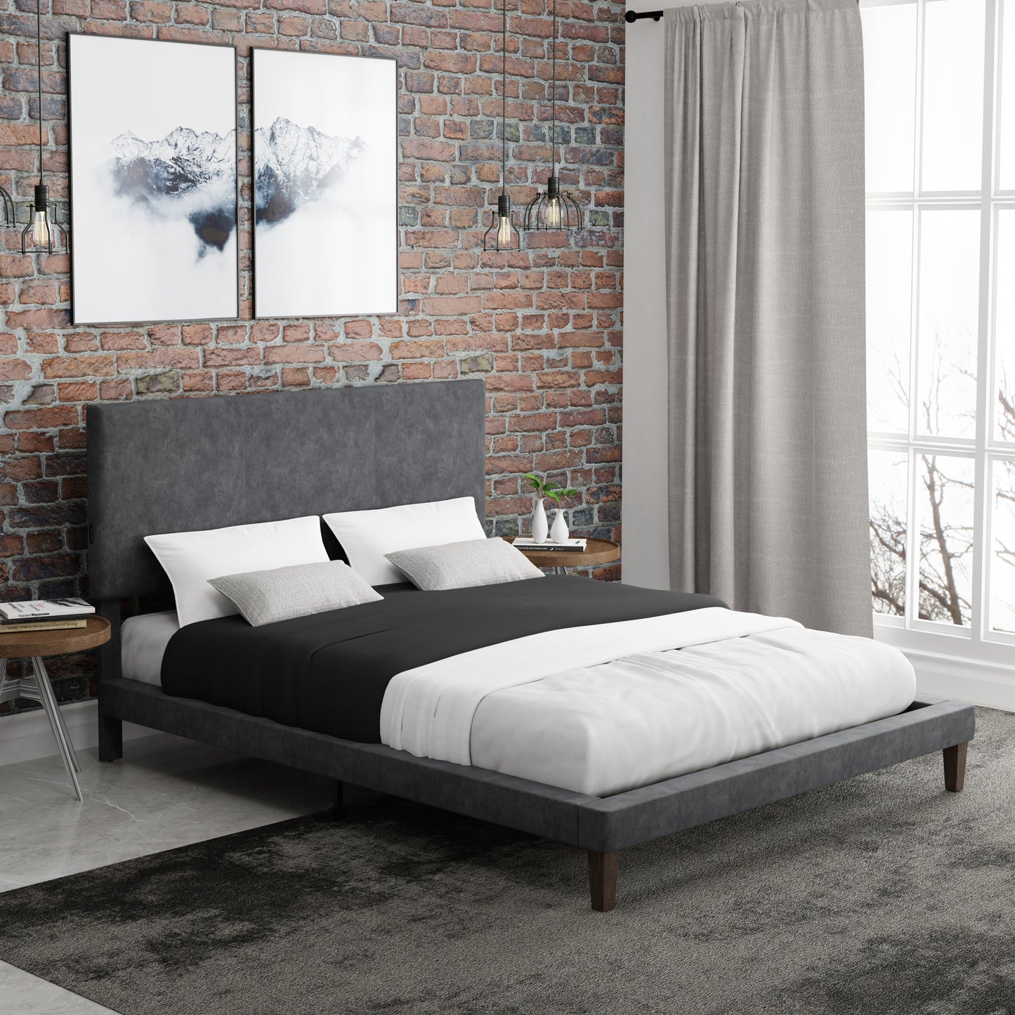 Hillsdale Furniture Muellen Upholstered Platform Queen Bed with 2 Dual USB Ports, Graphite Gray Vinyl