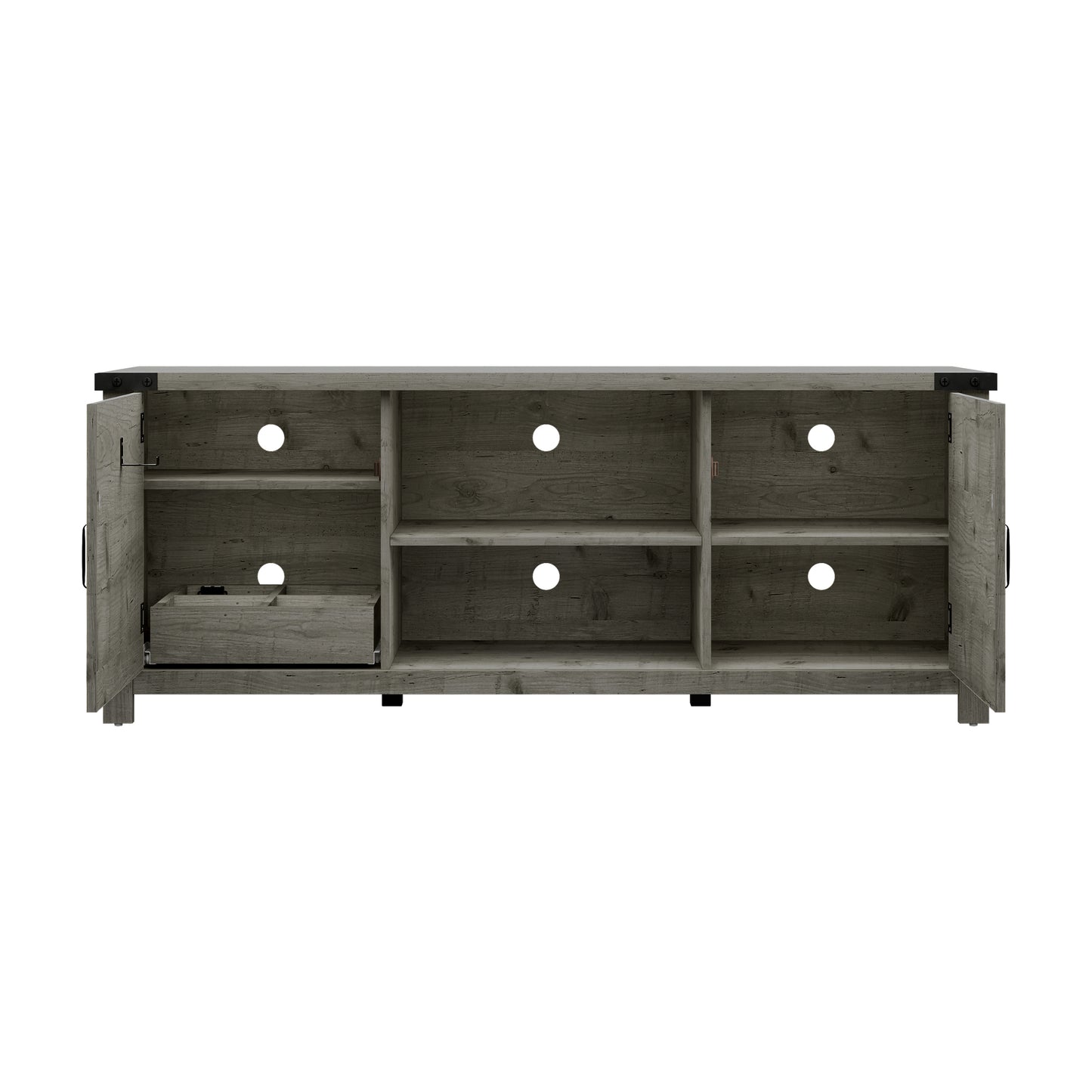 Living Essentials by Hillsdale Latvia Gaming Ready Wood 60 inch TV Stand with "X" Back Doors and Shelves, Rustic Gray