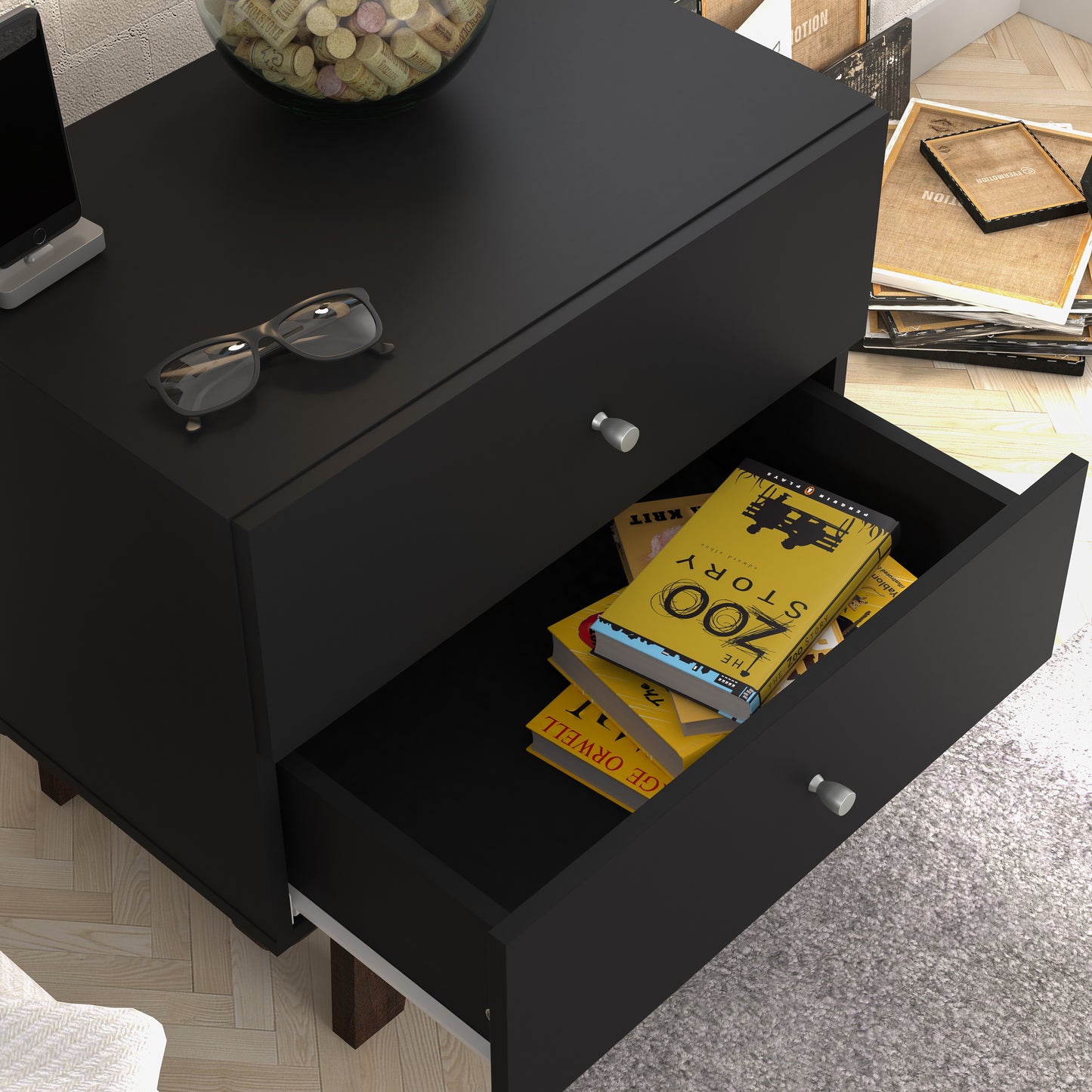 Living Essentials by Hillsdale Kincaid Wood 2 Drawer Nightstand, Matte Black