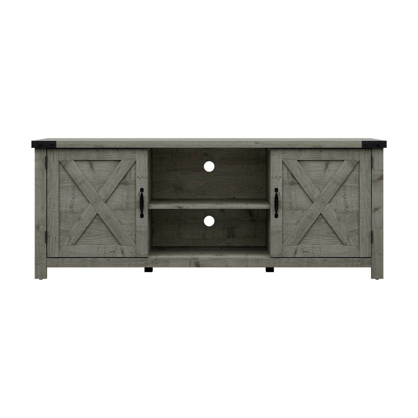 Living Essentials by Hillsdale Latvia Gaming Ready Wood 60 inch TV Stand with "X" Back Doors and Shelves, Rustic Gray