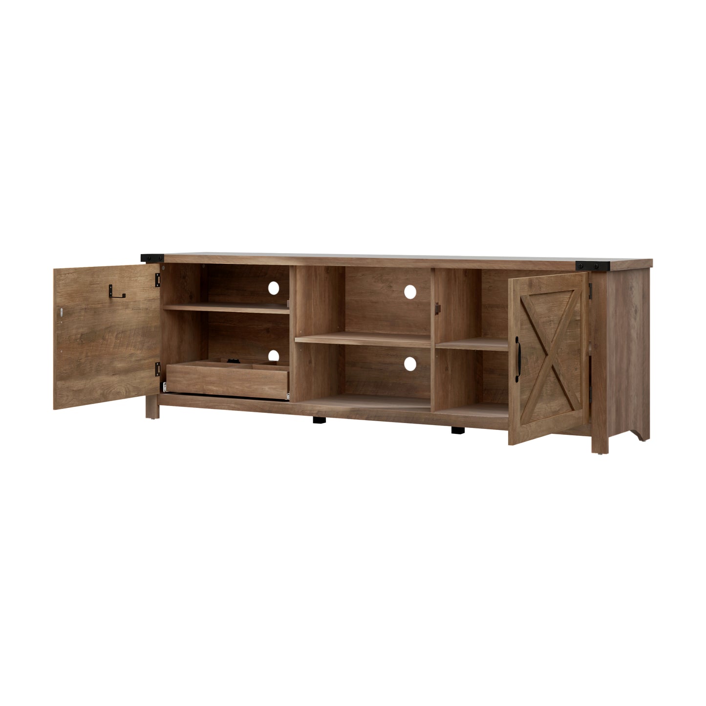 Living Essentials by Hillsdale Latvia Gaming Ready Wood 70 inch TV Stand with "X" Back Doors and Shelves, Knotty Oak