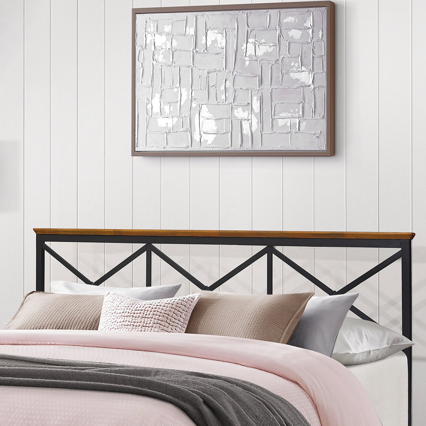 Hillsdale Furniture Ashford Metal King Headboard, Textured Black with Oak Finished Wood