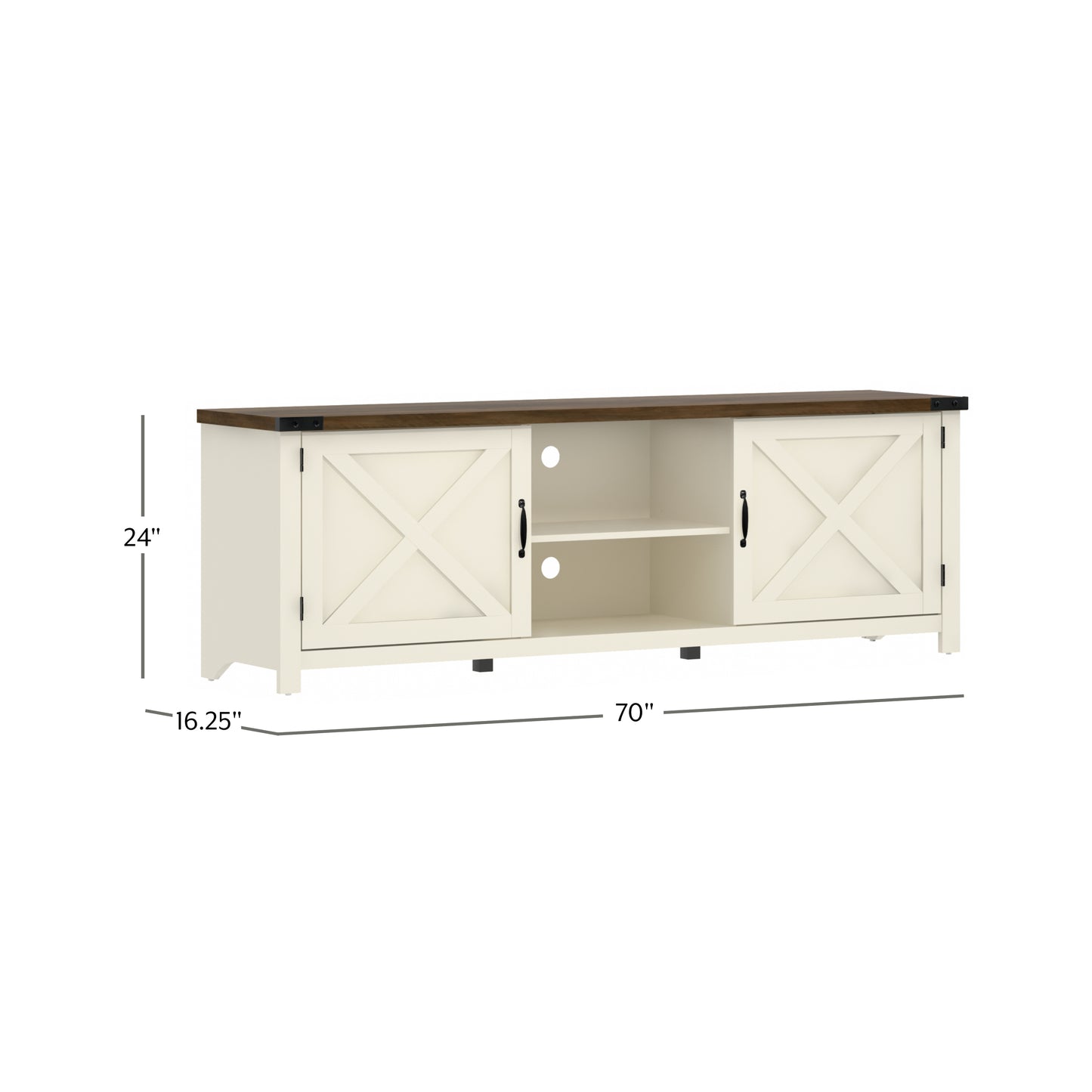 Living Essentials by Hillsdale Latvia Gaming Ready Wood 70 inch TV Stand with "X" Back Doors and Shelves, White with Knotty Oak Top