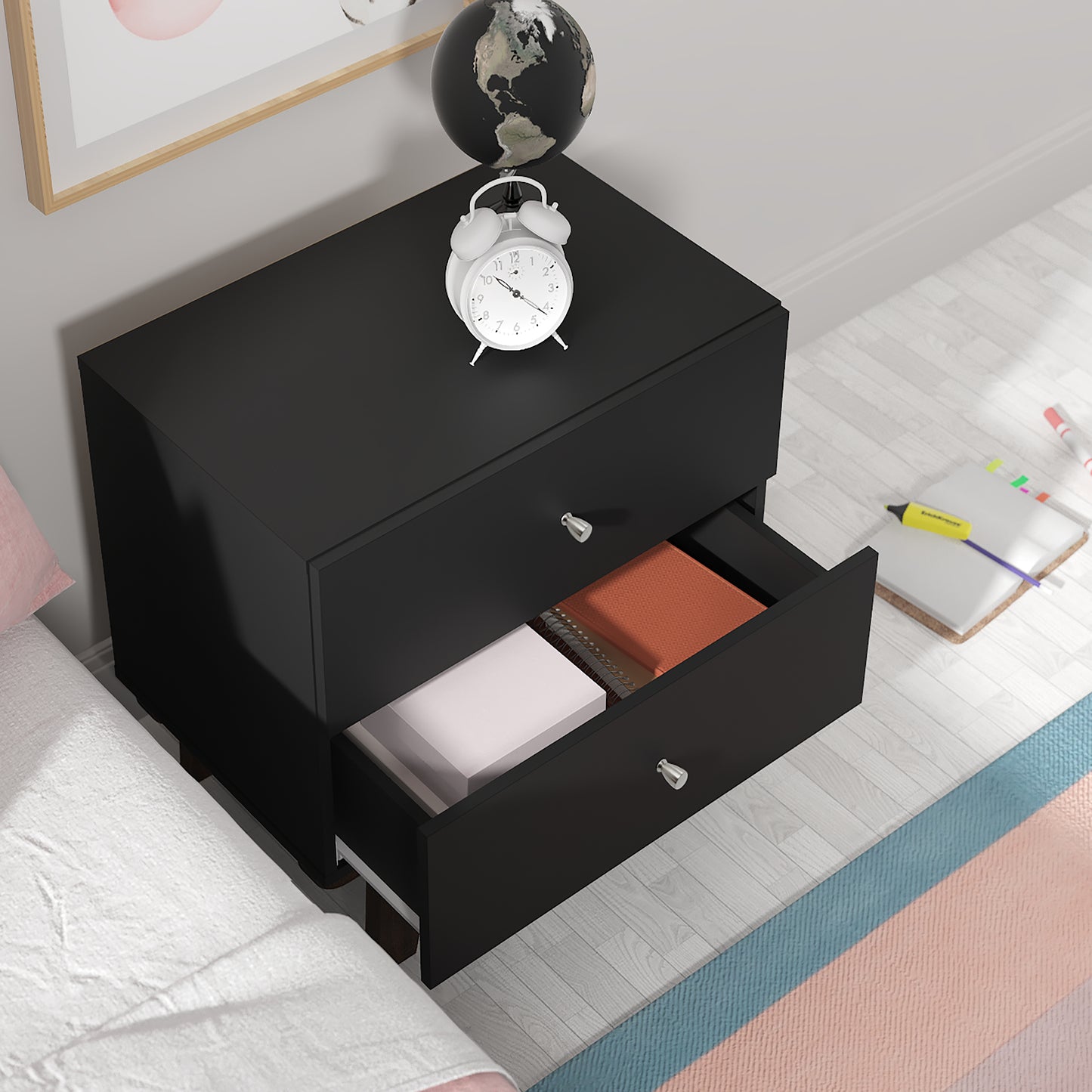 Living Essentials by Hillsdale Kincaid Wood 2 Drawer Nightstand, Matte Black