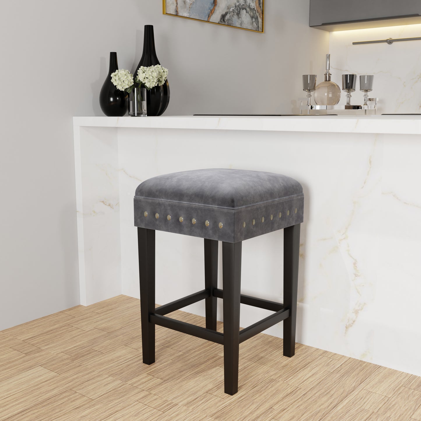 Hillsdale Furniture Cassidy Wood and Upholstered Backless Counter Height Stool, Black with Charcoal Velvet