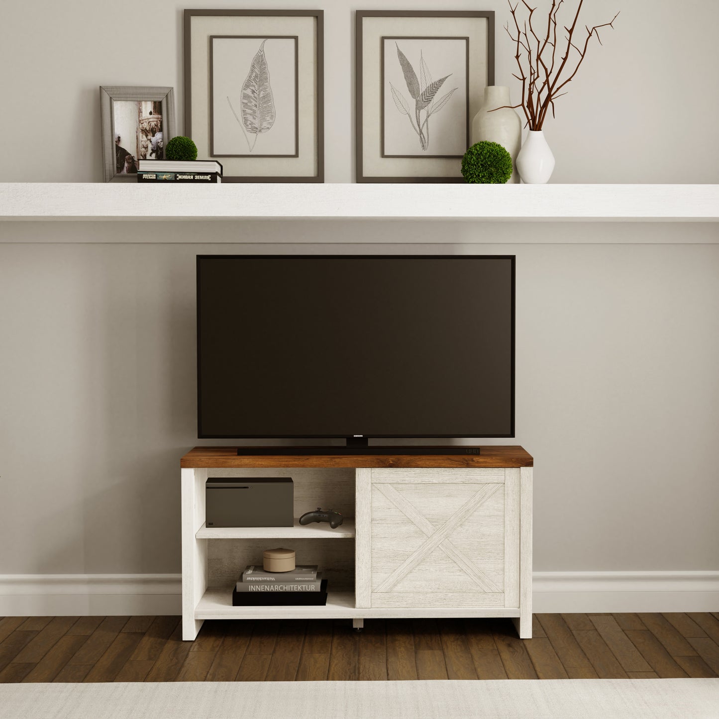 Living Essentials by Hillsdale Columbus 47 Inch Wood Entertainment Console, White Oak with Walnut Finish Top