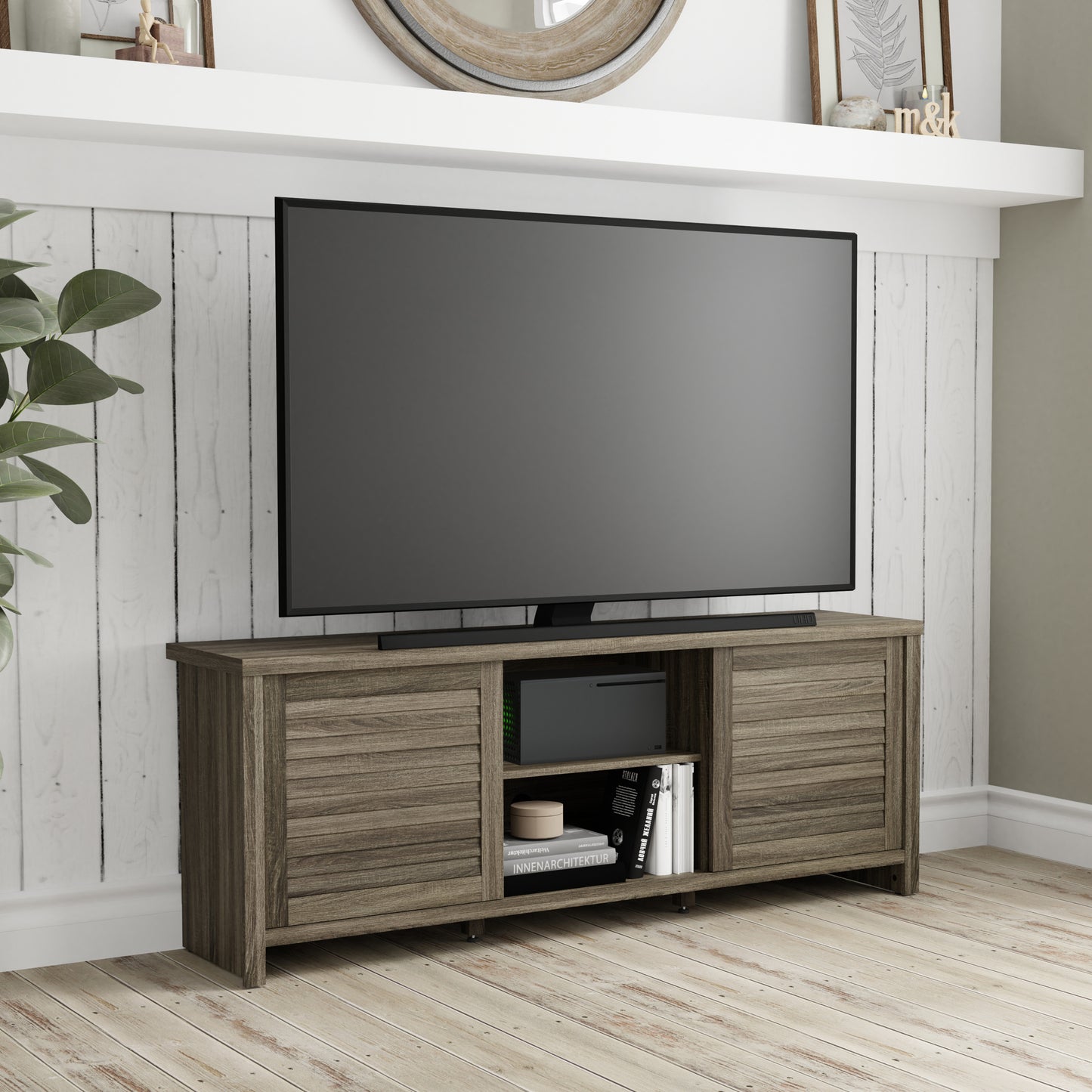 Living Essentials by Hillsdale Handerson 64 Inch Wood Entertainment Console, Dark Oak Finish