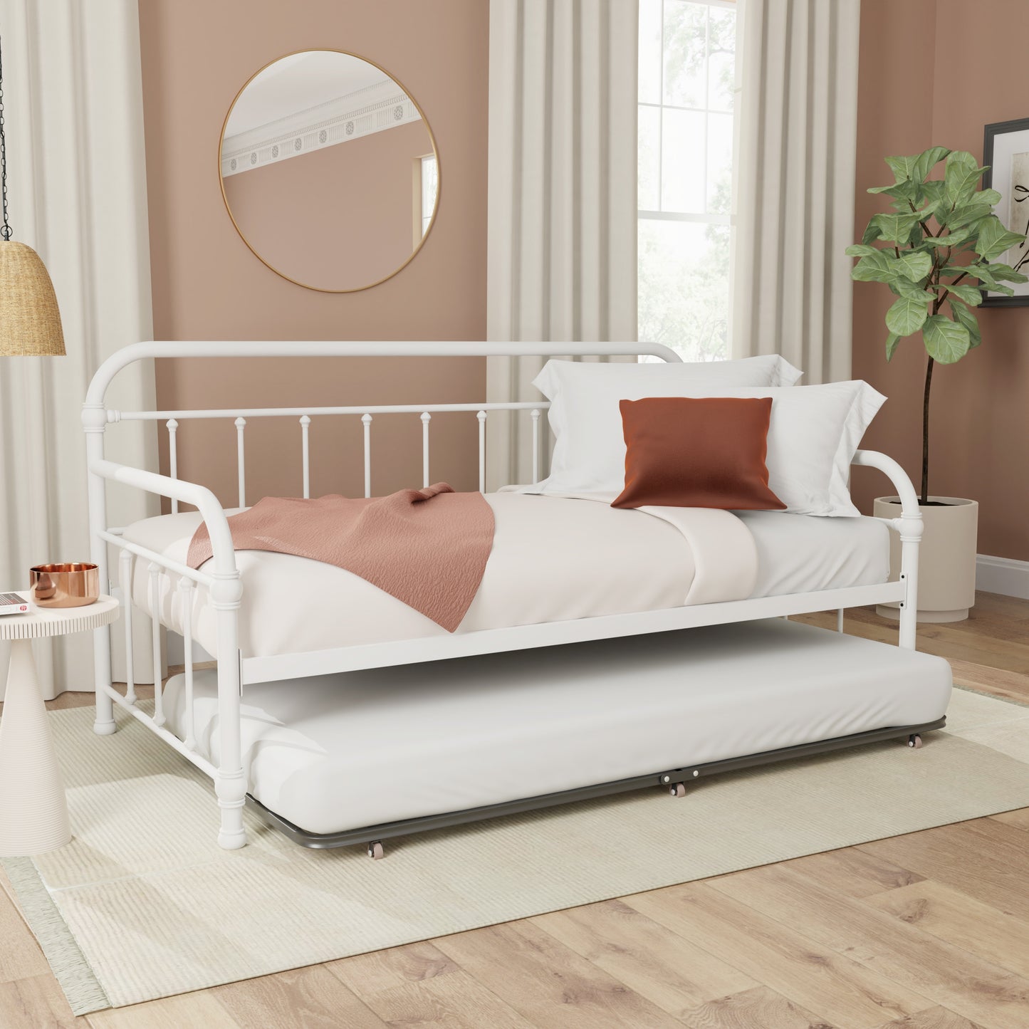 Hillsdale Furniture Kirkland Metal Twin Daybed with Roll Out Trundle, Soft White