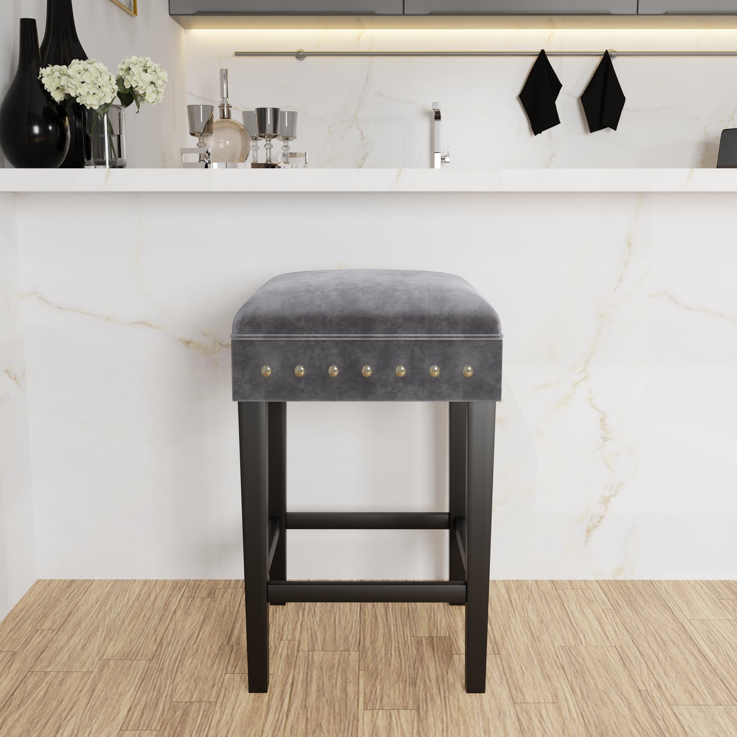 Hillsdale Furniture Cassidy Wood and Upholstered Backless Counter Height Stool, Black with Charcoal Velvet