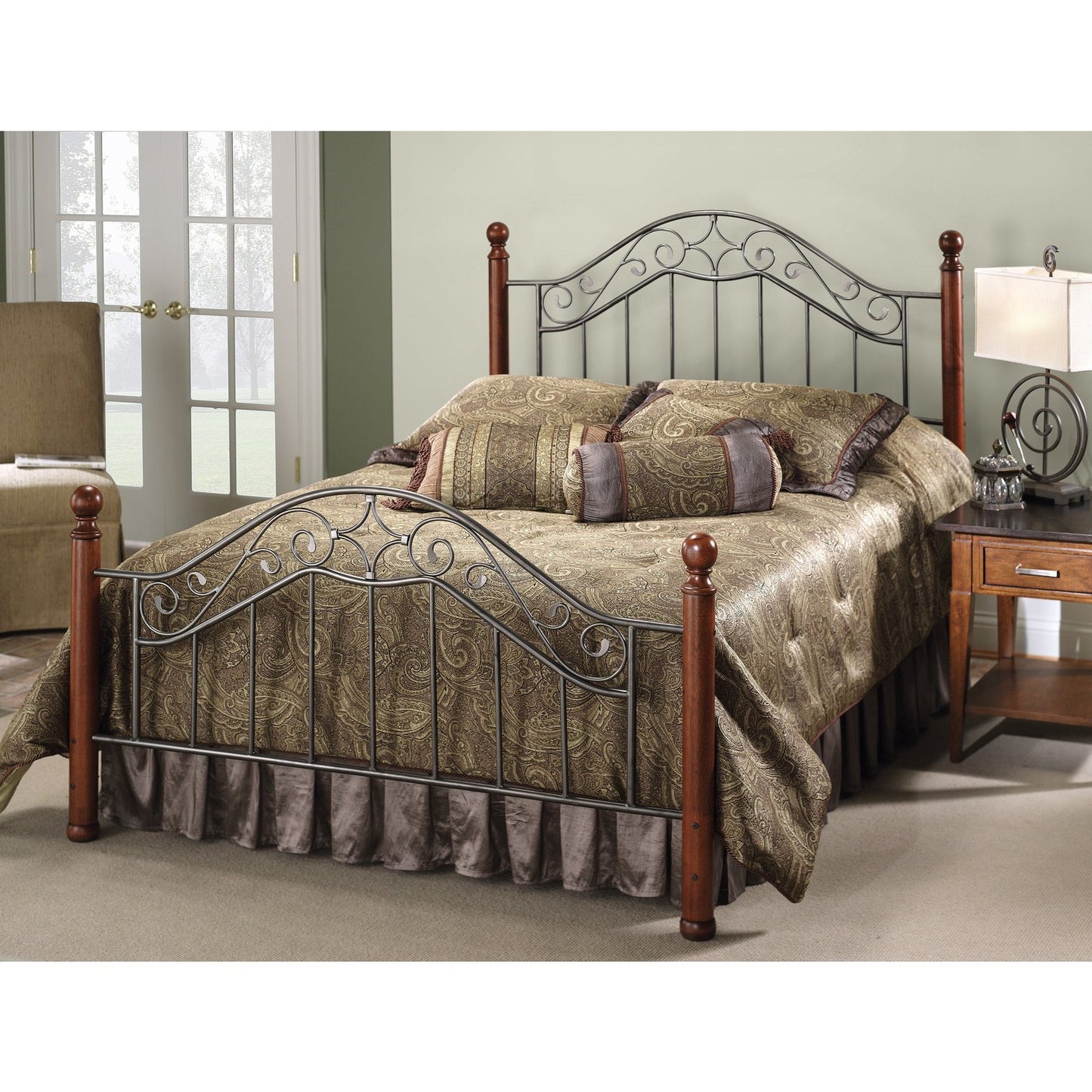 Hillsdale Furniture Martino King Metal Bed with Frame and Cherry Wood Posts, Smoke Silver