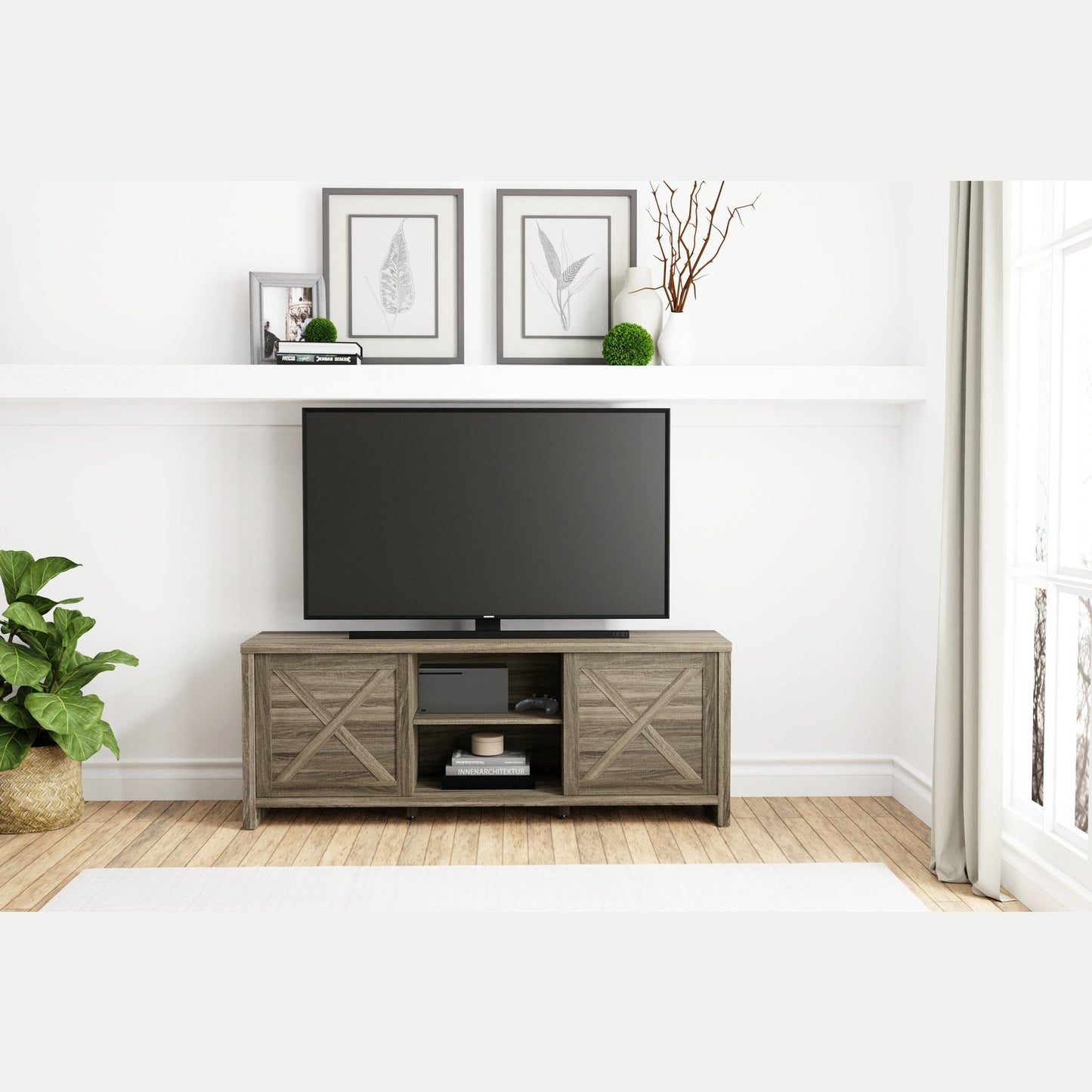 Living Essentials by Hillsdale Columbus 64 Inch Wood Entertainment Console, Dark Oak Finish