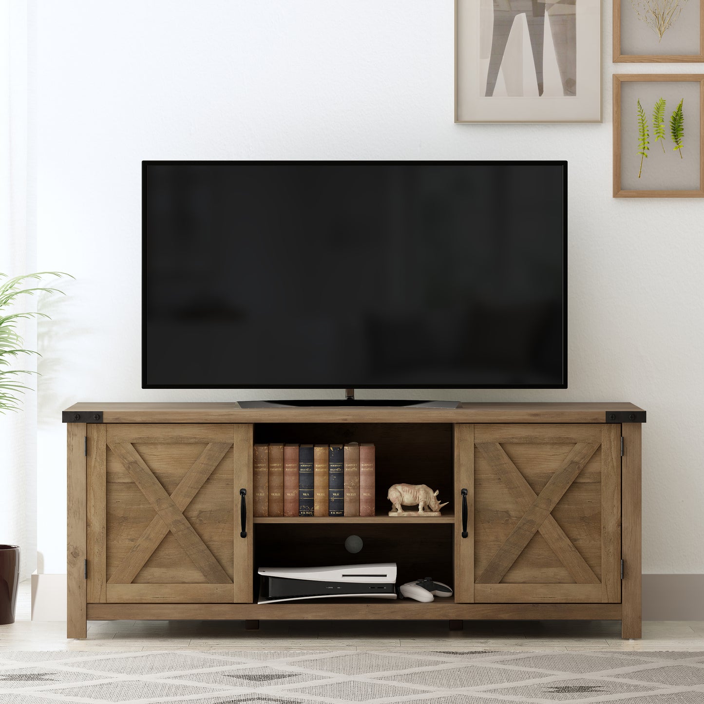 Living Essentials by Hillsdale Latvia Gaming Ready Wood 60 inch TV Stand with "X" Back Doors and Shelves, Knotty Oak