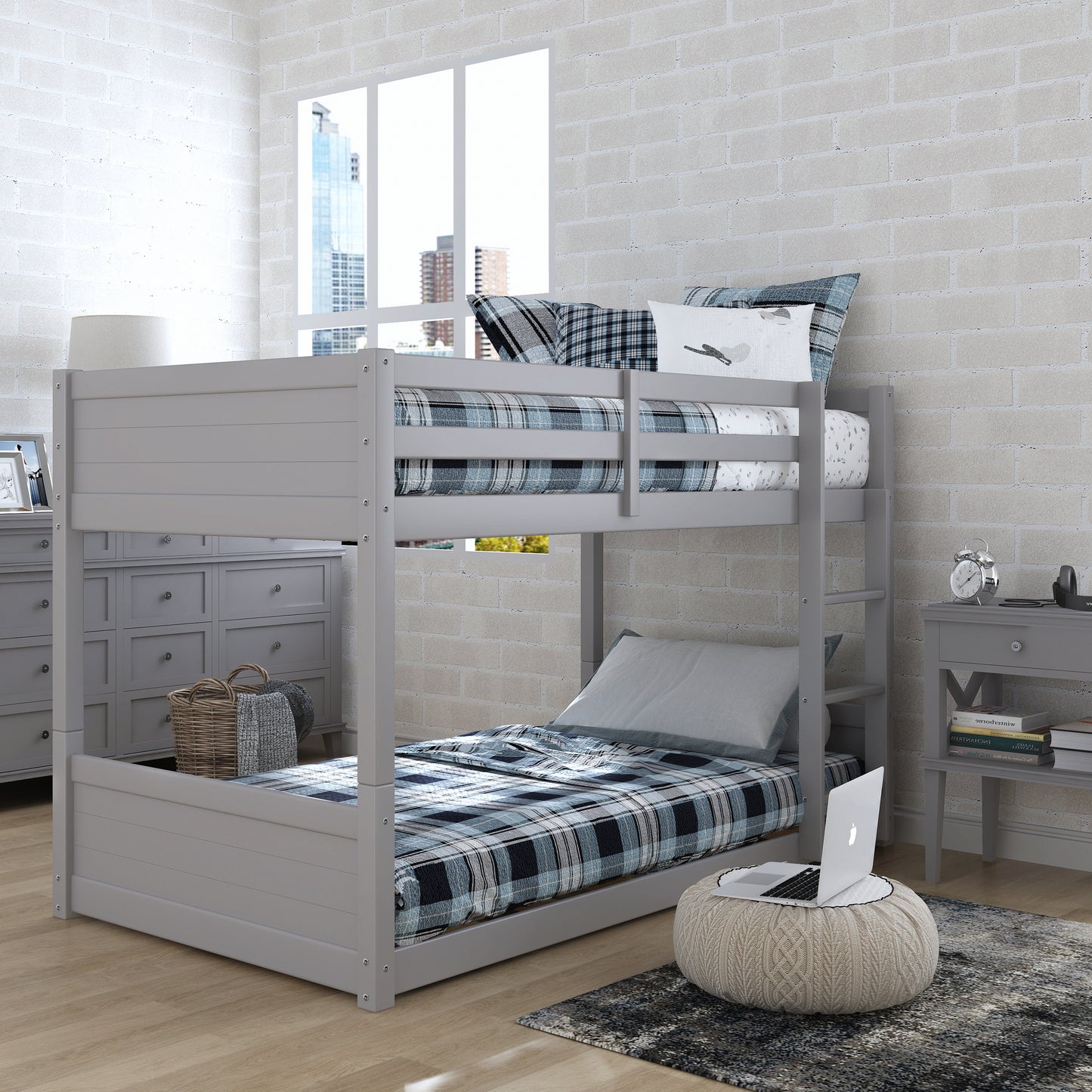 Living Essentials by Hillsdale Capri Wood Twin Over Twin Floor Bunk Bed, Gray