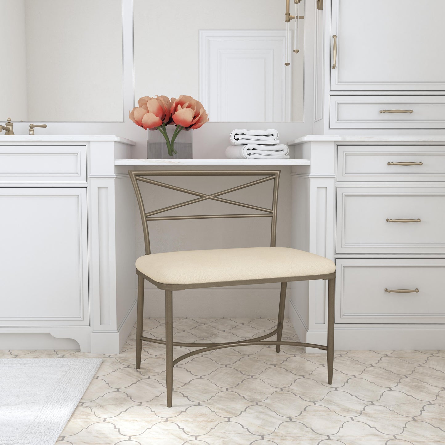 Hillsdale Furniture Wimberly Modern X-Back Metal Vanity Stool, Champagne Gold with Cream Fabric