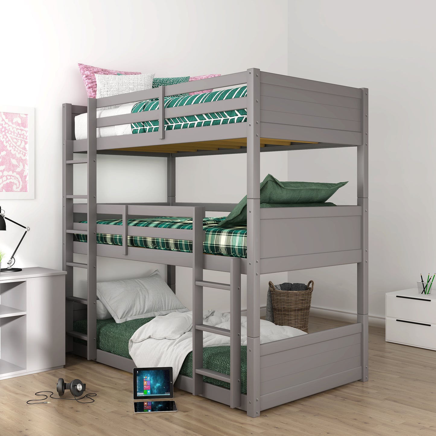 Living Essentials by Hillsdale Capri Wood Triple Bunk Bed, Gray