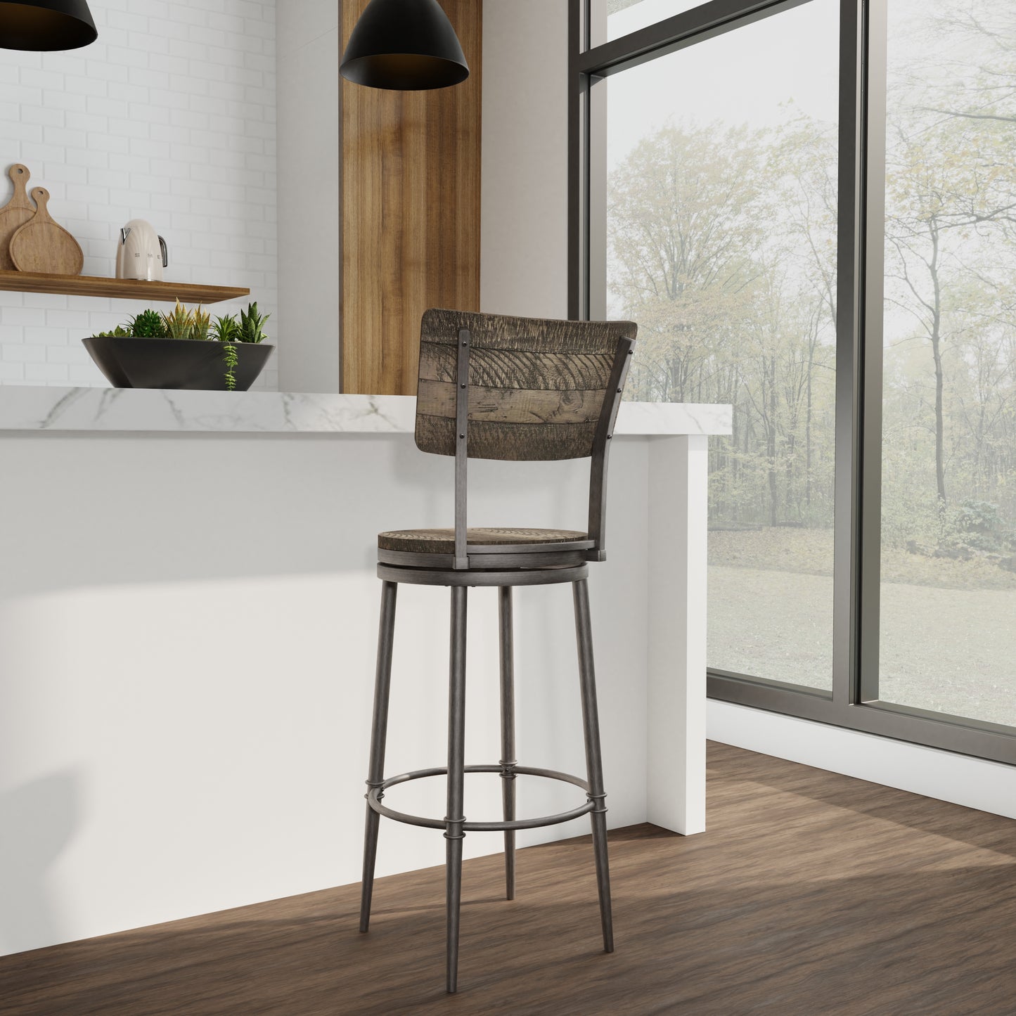 Hillsdale Furniture Jennings Wood and Metal Bar Height Swivel Stool, Rubbed Pewter Metal with Weathered Gray Wood