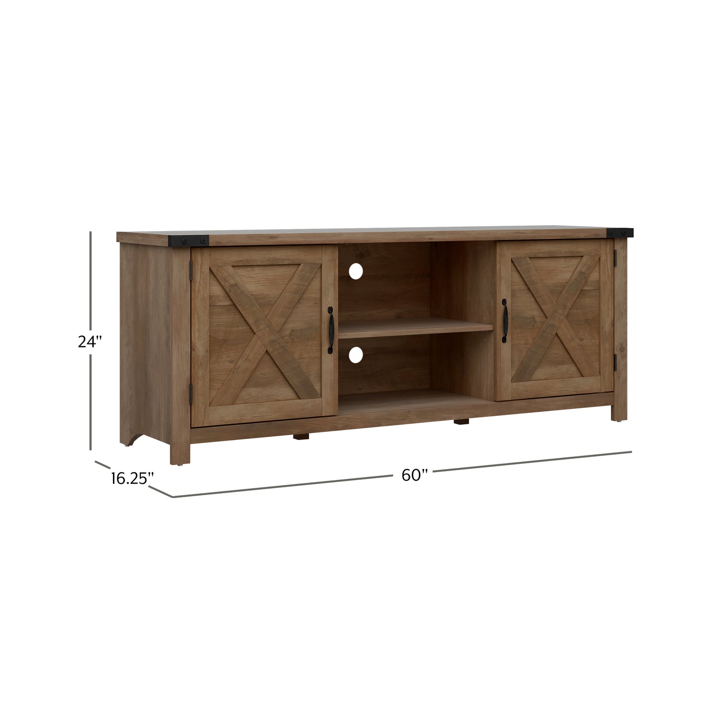 Living Essentials by Hillsdale Latvia Gaming Ready Wood 60 inch TV Stand with "X" Back Doors and Shelves, Knotty Oak