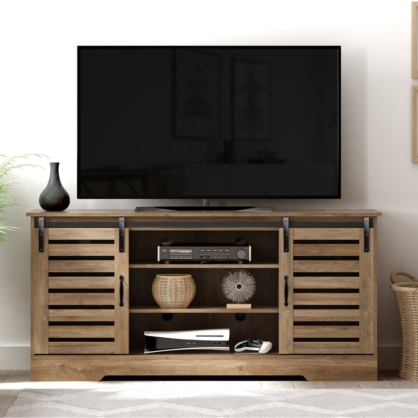 Living Essentials by Hillsdale Lucile Wood TV Stand with 2 Barn Doors and Removable Shelves, Knotty Oak