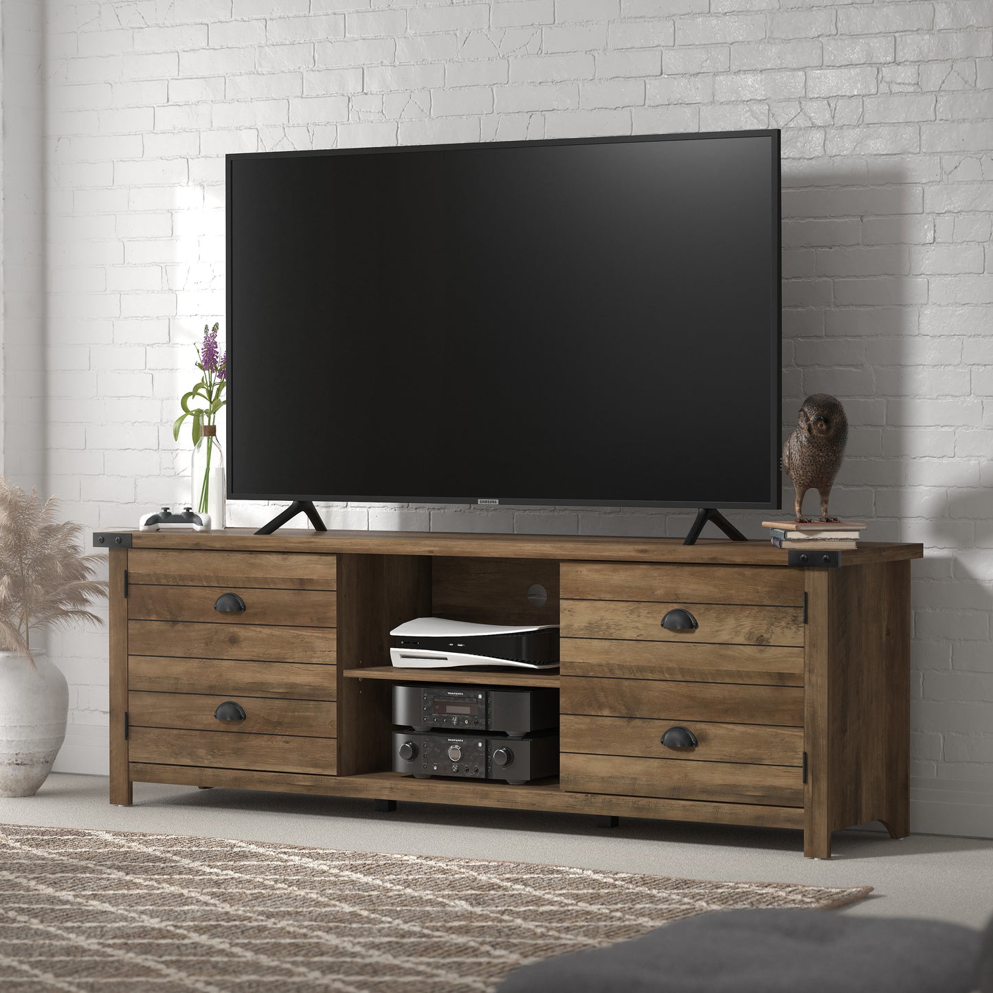 Living Essentials by Hillsdale Prestwick Gaming Ready Wood 70 inch TV Stand with 2 Doors and Shelves, Knotty Oak