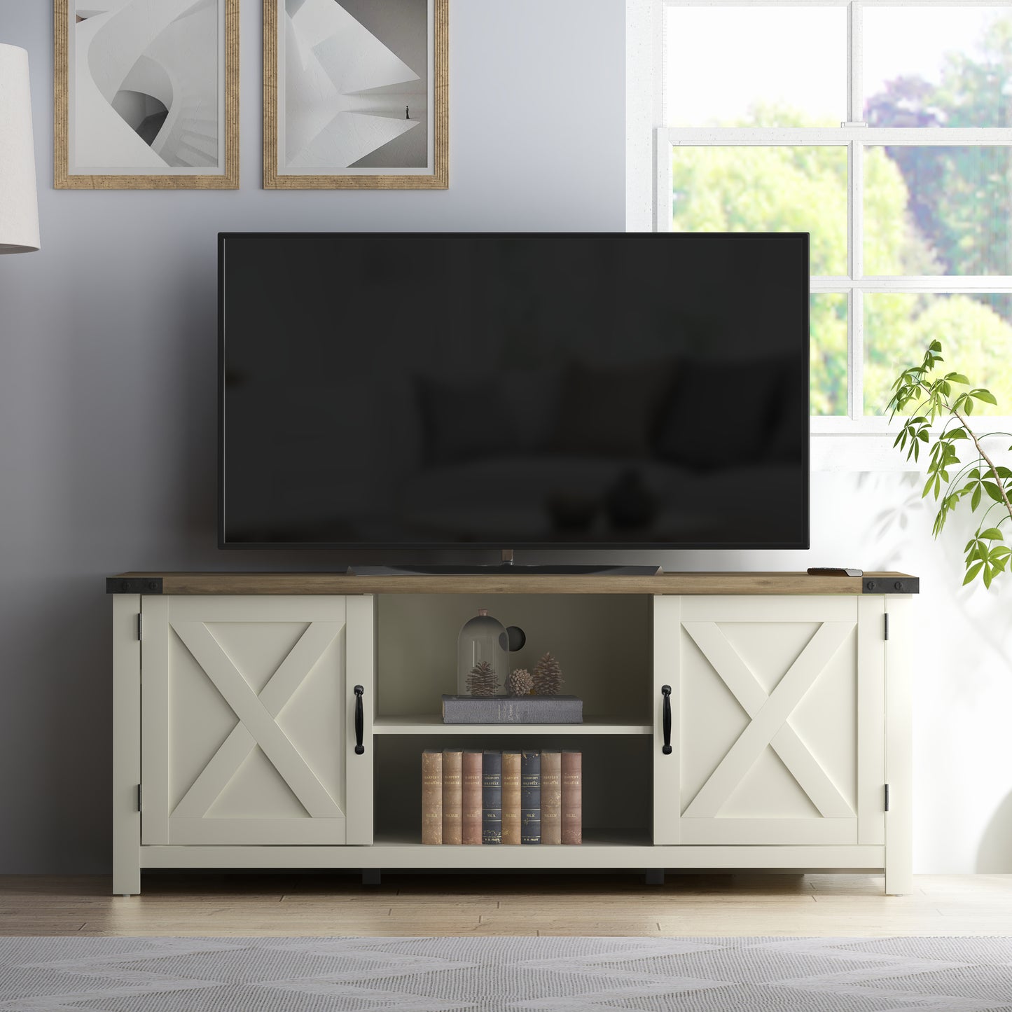 Living Essentials by Hillsdale Latvia Gaming Ready Wood 60 inch TV Stand with "X" Back Doors and Shelves, White with Knotty Oak Top