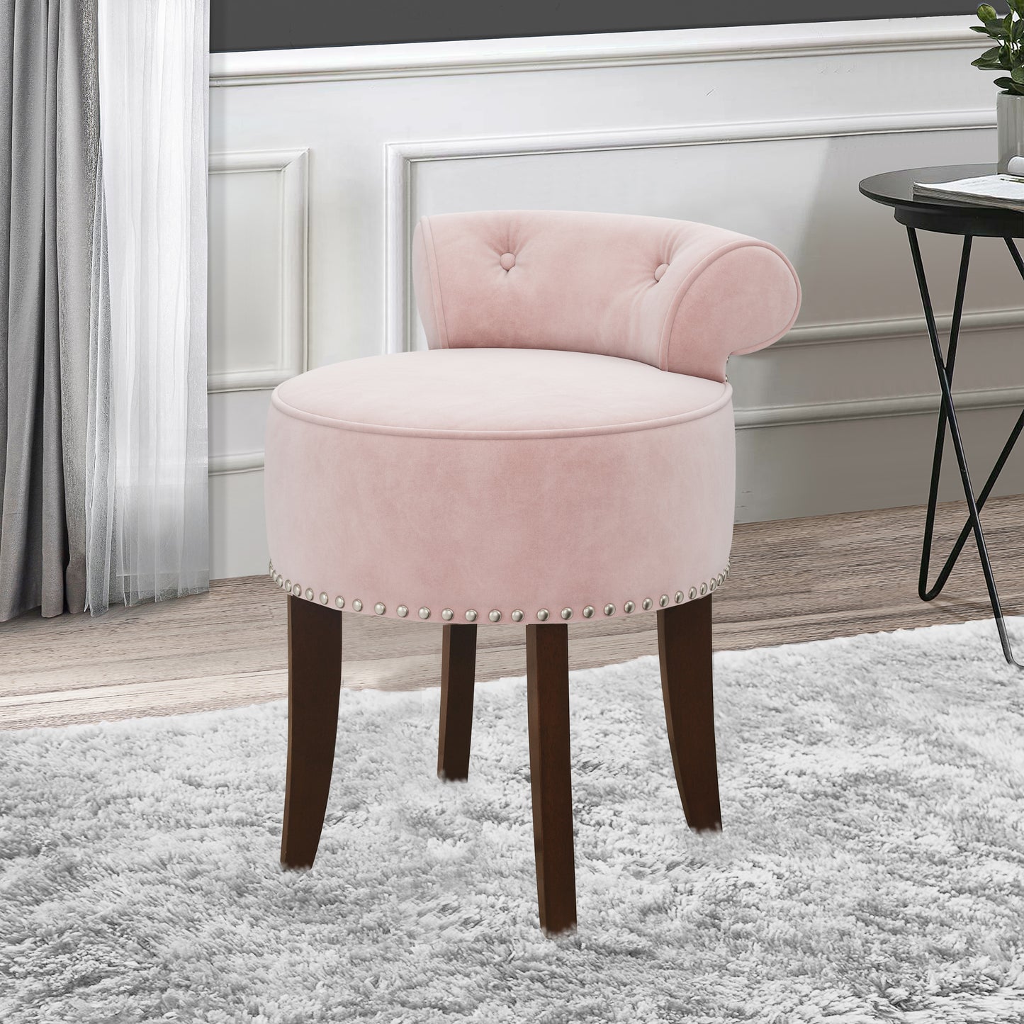 Hillsdale Furniture Lena Wood and Upholstered Vanity Stool, Espresso with Pink Fabric