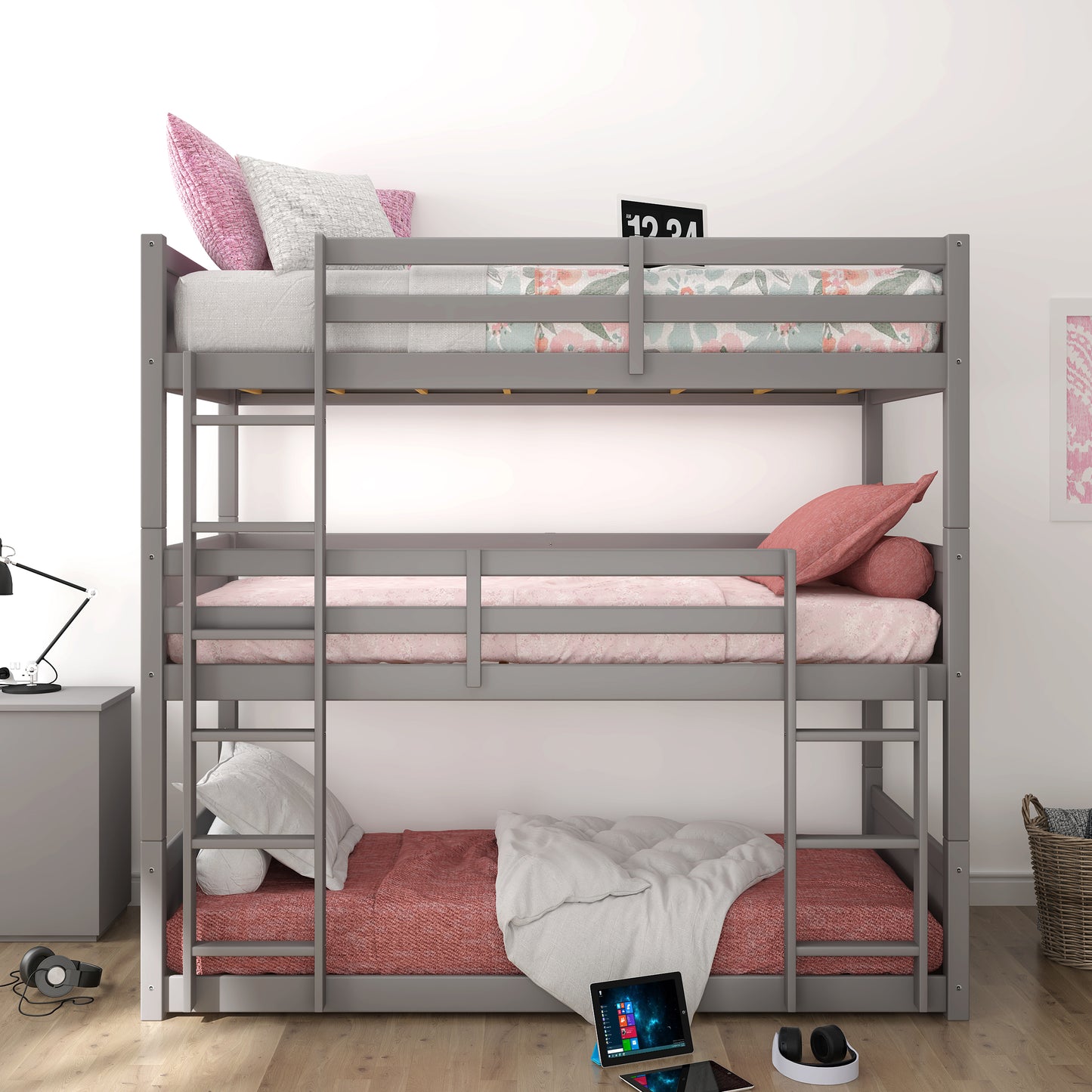 Living Essentials by Hillsdale Capri Wood Triple Bunk Bed, Gray