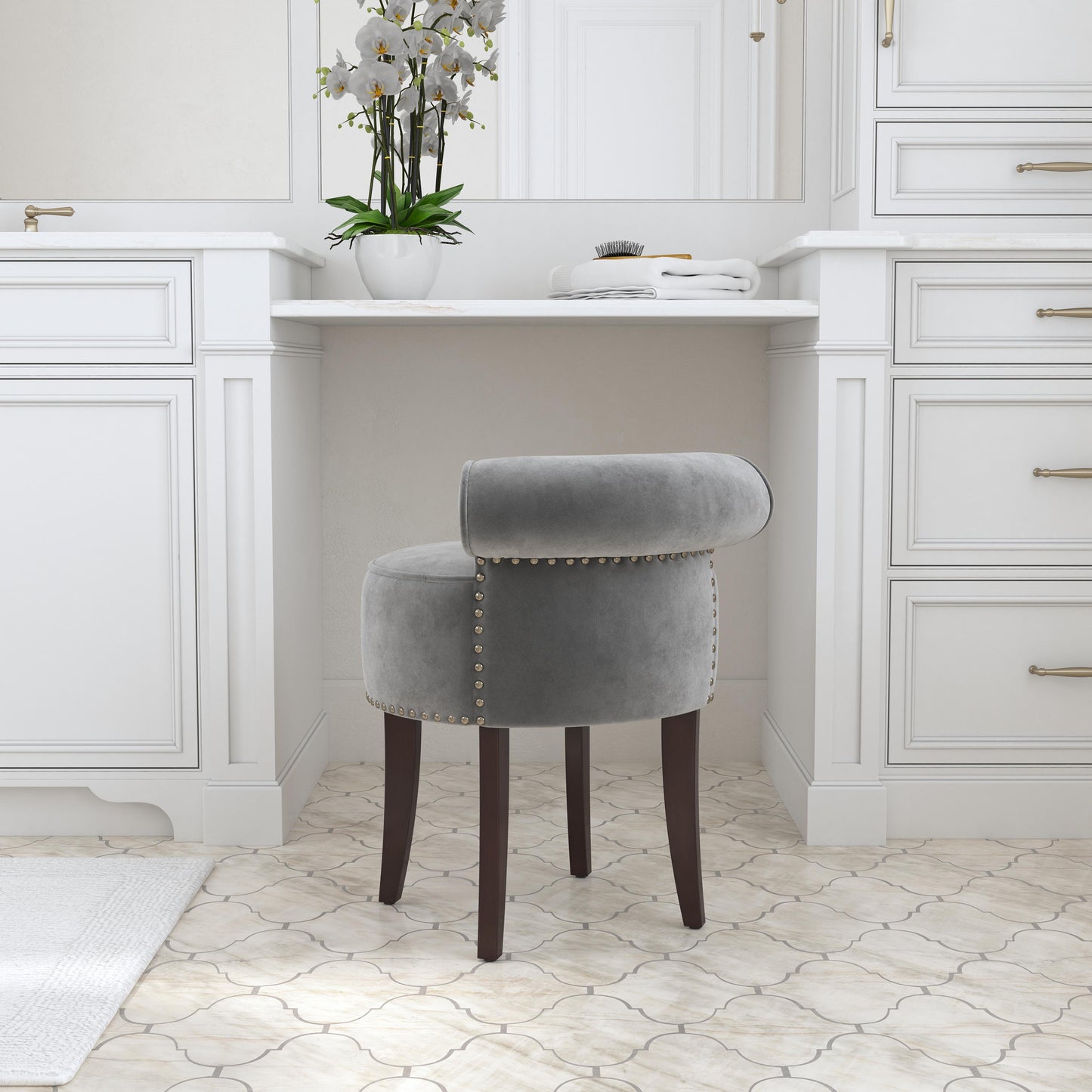 Hillsdale Furniture Lena Wood and Upholstered Vanity Stool, Espresso with Steel Gray Velvet