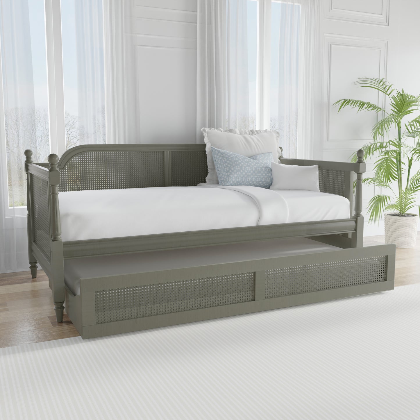 Hillsdale Furniture Melanie Wood and Cane Twin Daybed with Trundle, French Gray