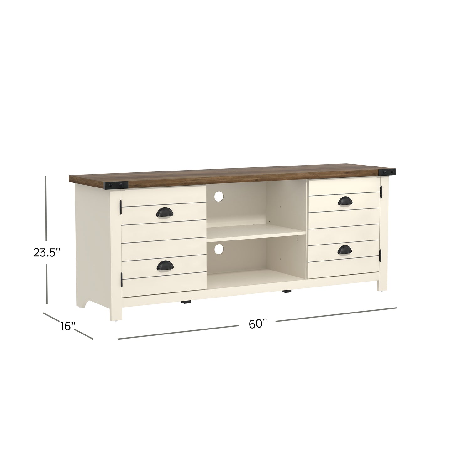 Living Essentials by Hillsdale Prestwick Gaming Ready Wood 60 inch TV Stand with 2 Doors and Shelves, Ivory with Knotty Oak Top