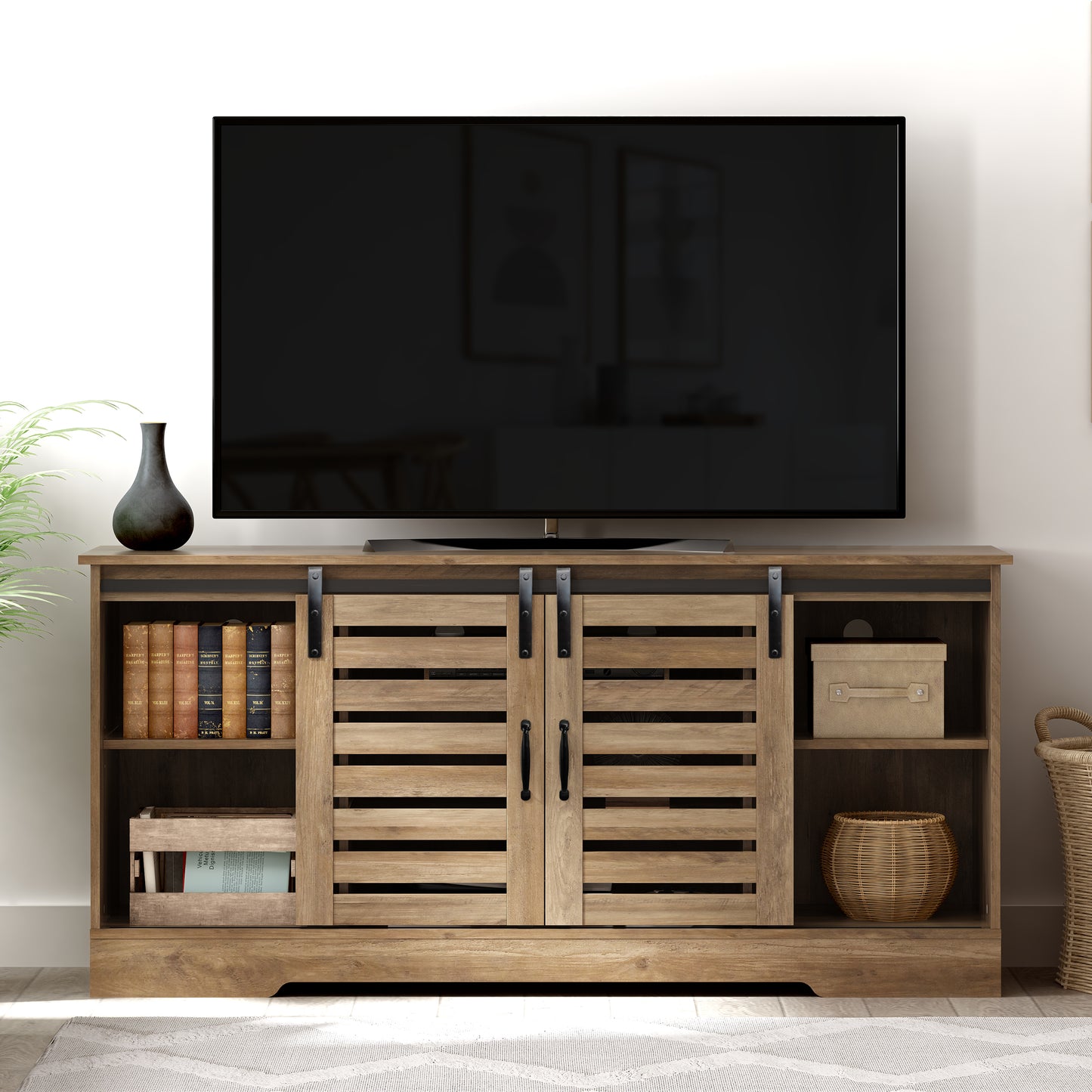 Living Essentials by Hillsdale Lucile Wood TV Stand with 2 Barn Doors and Removable Shelves, Knotty Oak