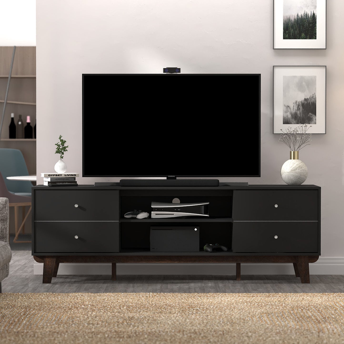 Living Essentials by Hillsdale Kincaid 70 inch Wood TV Stand with 2 Doors and Shelves, Matte Black