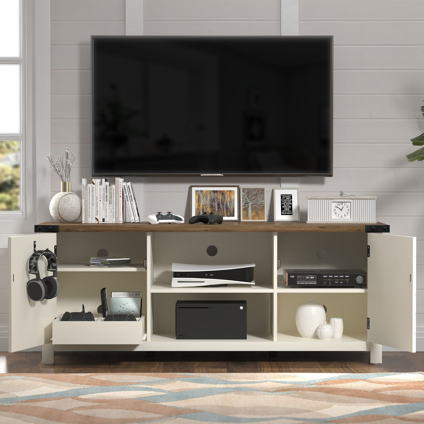 Living Essentials by Hillsdale Prestwick Gaming Ready Wood 60 inch TV Stand with 2 Doors and Shelves, Ivory with Knotty Oak Top