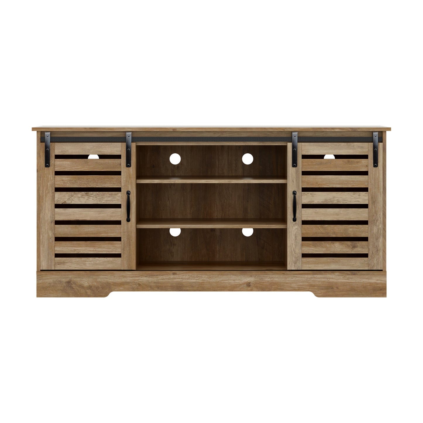 Living Essentials by Hillsdale Lucile Wood TV Stand with 2 Barn Doors and Removable Shelves, Knotty Oak