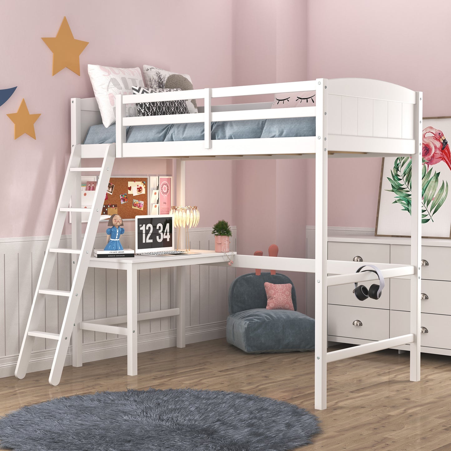 Living Essentials by Hillsdale Alexis Wood Arch Twin Loft Bed with Desk, White