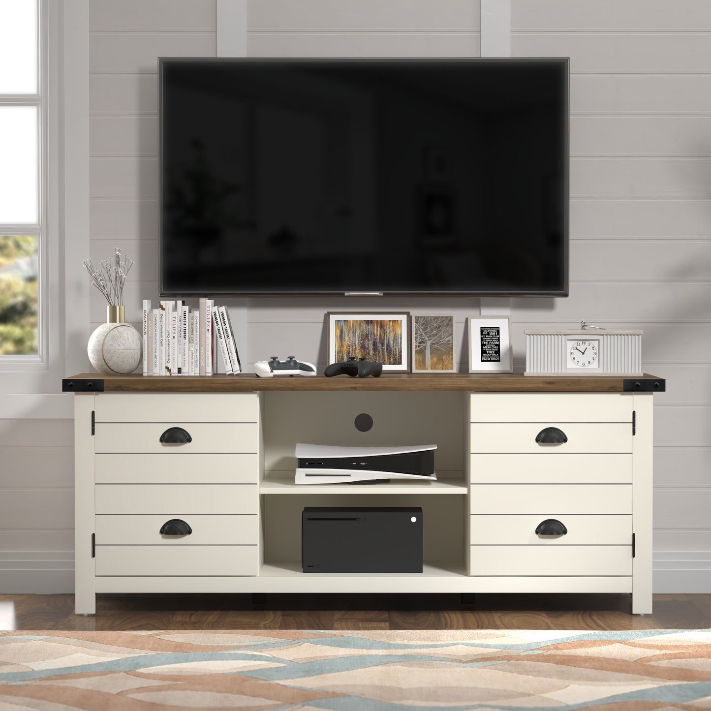 Living Essentials by Hillsdale Prestwick Gaming Ready Wood 60 inch TV Stand with 2 Doors and Shelves, Ivory with Knotty Oak Top