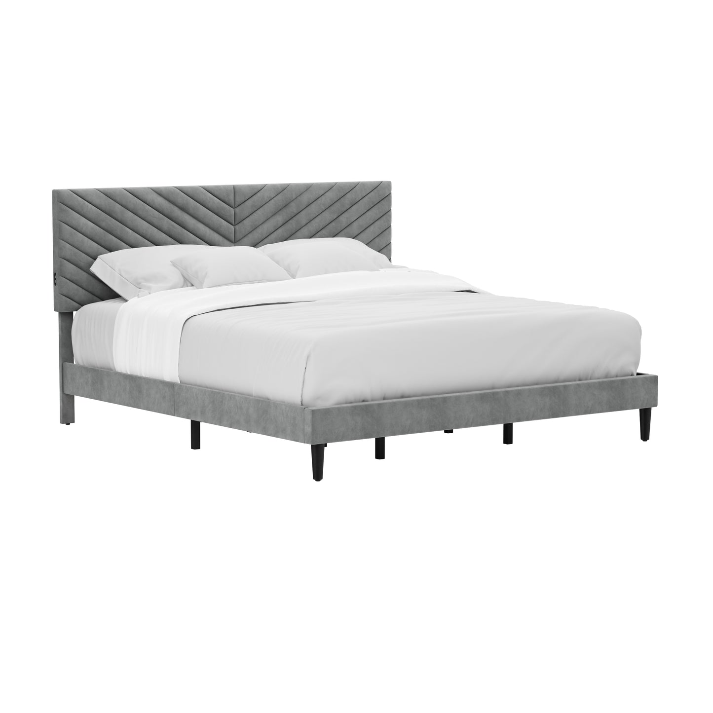 Hillsdale Furniture Crestwood Upholstered Chevron Pleated Platform King Bed with 2 Dual USB Ports, Platinum