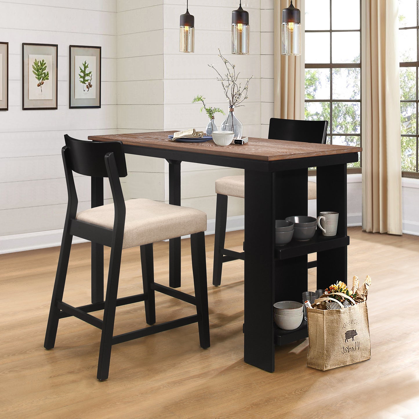 Hillsdale Furniture Knolle Park 3 Piece Wood Counter Height Dining Set, Black with Oak Wire Brush Finished Top