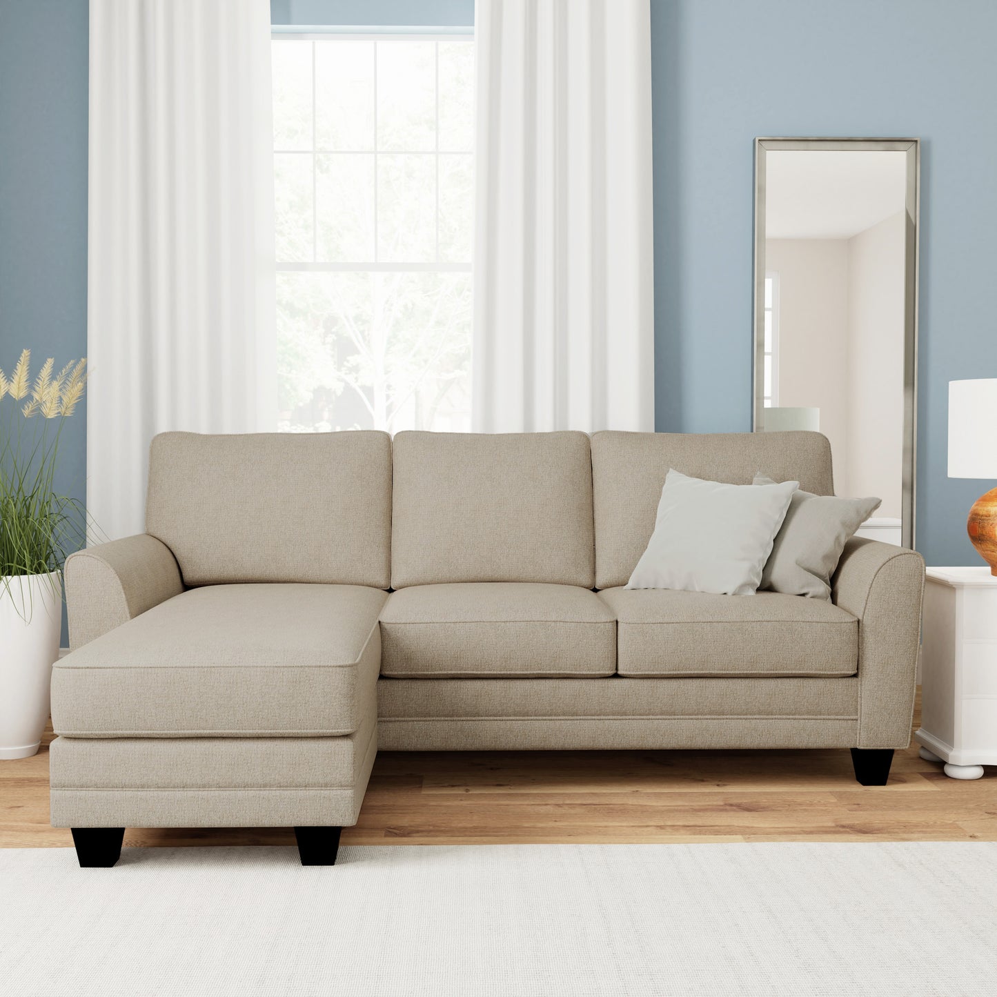 Hillsdale Furniture Upholstered Reversible Chaise Sectional with Storage Ottoman, Putty