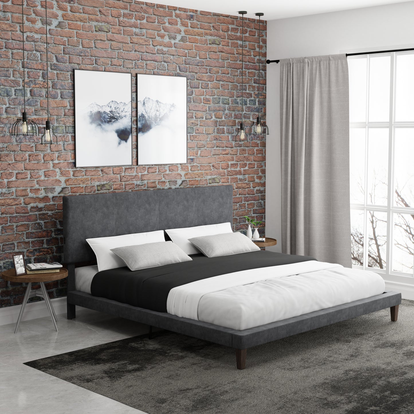 Hillsdale Furniture Muellen Upholstered Platform King Bed with 2 Dual USB Ports, Graphite Gray Vinyl