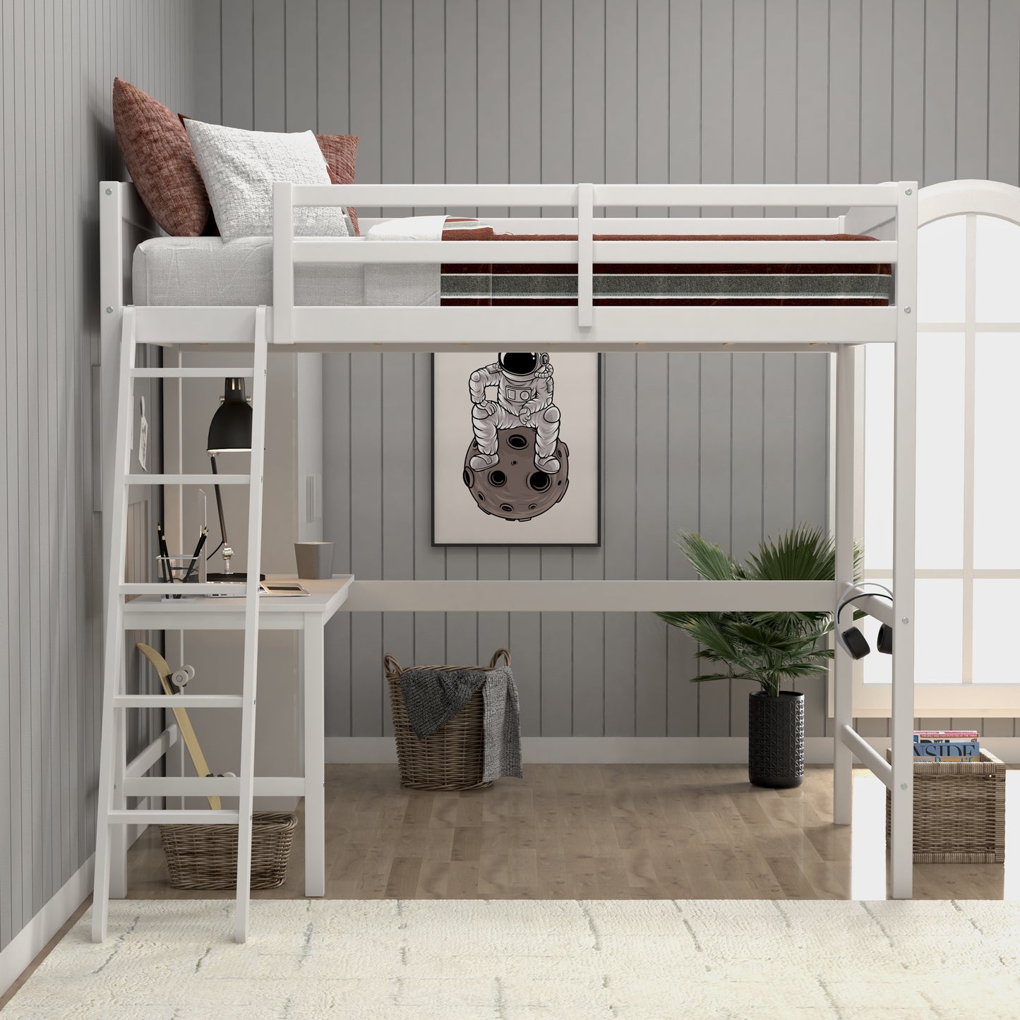 Living Essentials by Hillsdale Alexis Wood Arch Twin Loft Bed with Desk, White