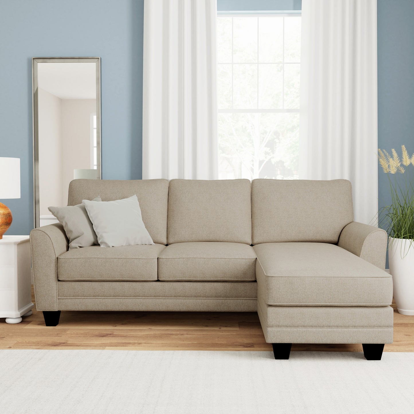 Hillsdale Furniture Upholstered Reversible Chaise Sectional with Storage Ottoman, Putty