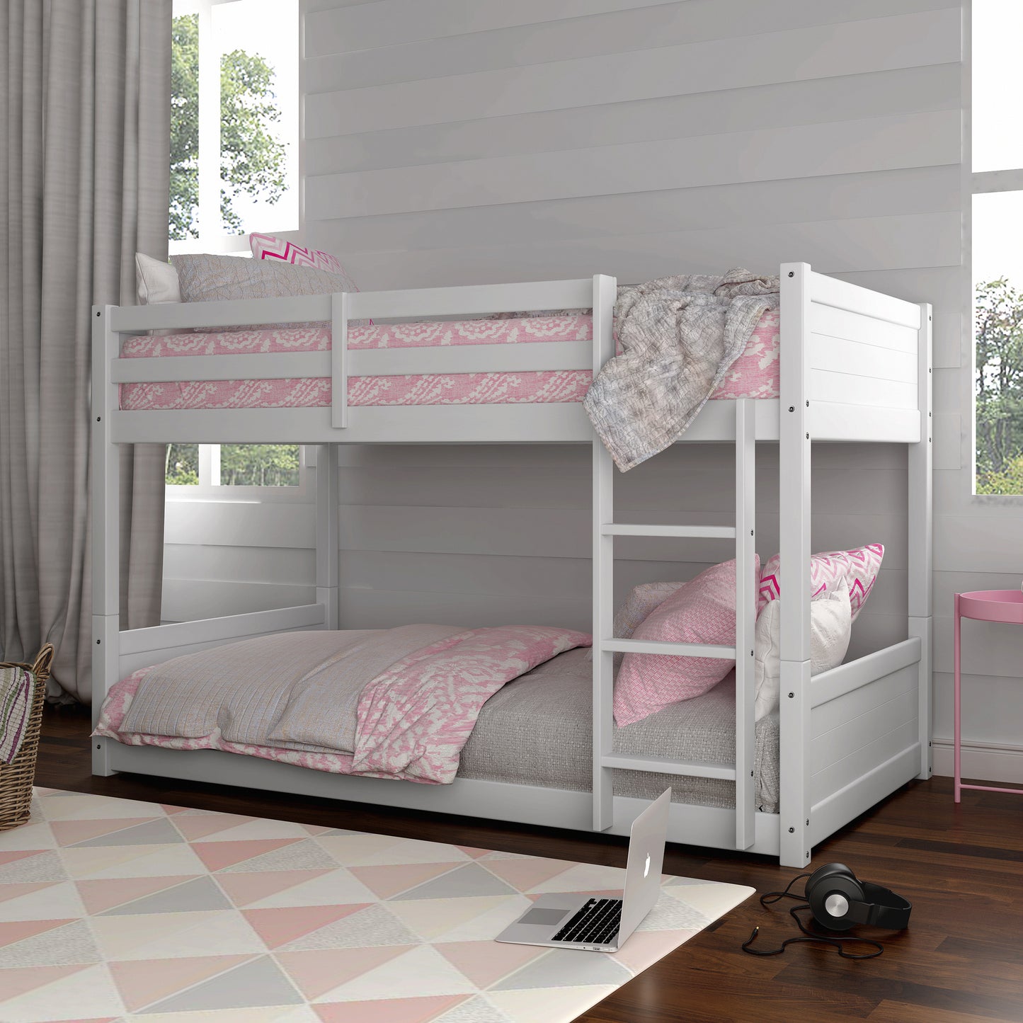 Living Essentials by Hillsdale Capri Wood Twin Over Twin Floor Bunk Bed, White