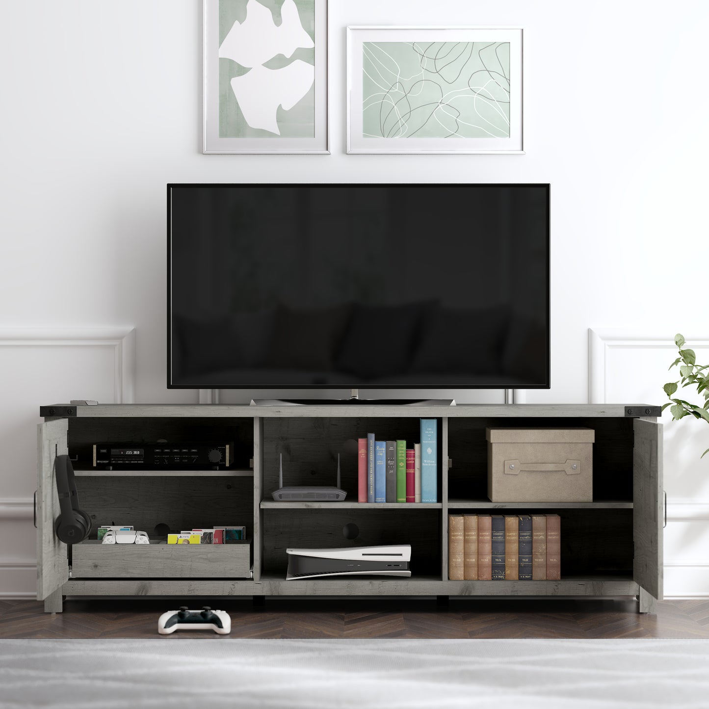 Living Essentials by Hillsdale Latvia Gaming Ready Wood 70 inch TV Stand with "X" Back Doors and Shelves, Rustic Gray