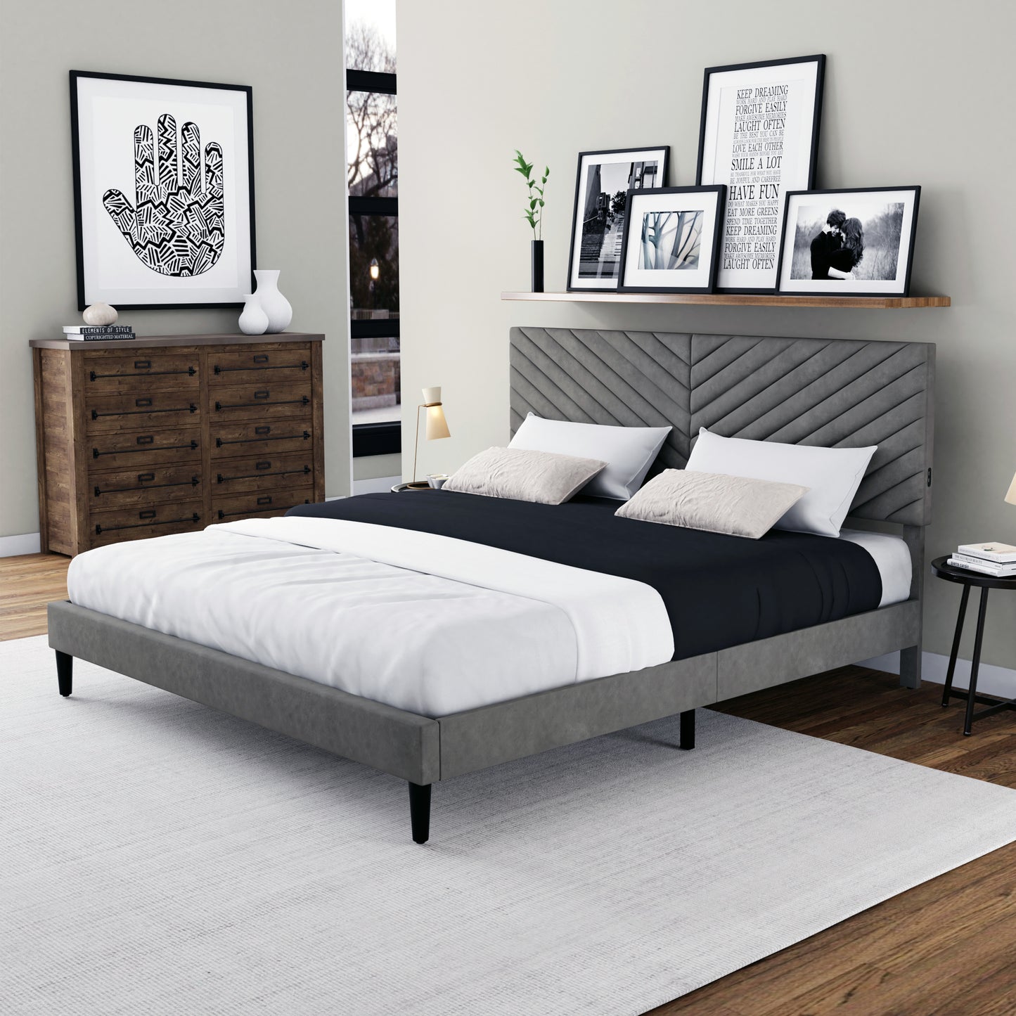 Hillsdale Furniture Crestwood Upholstered Chevron Pleated Platform King Bed with 2 Dual USB Ports, Platinum