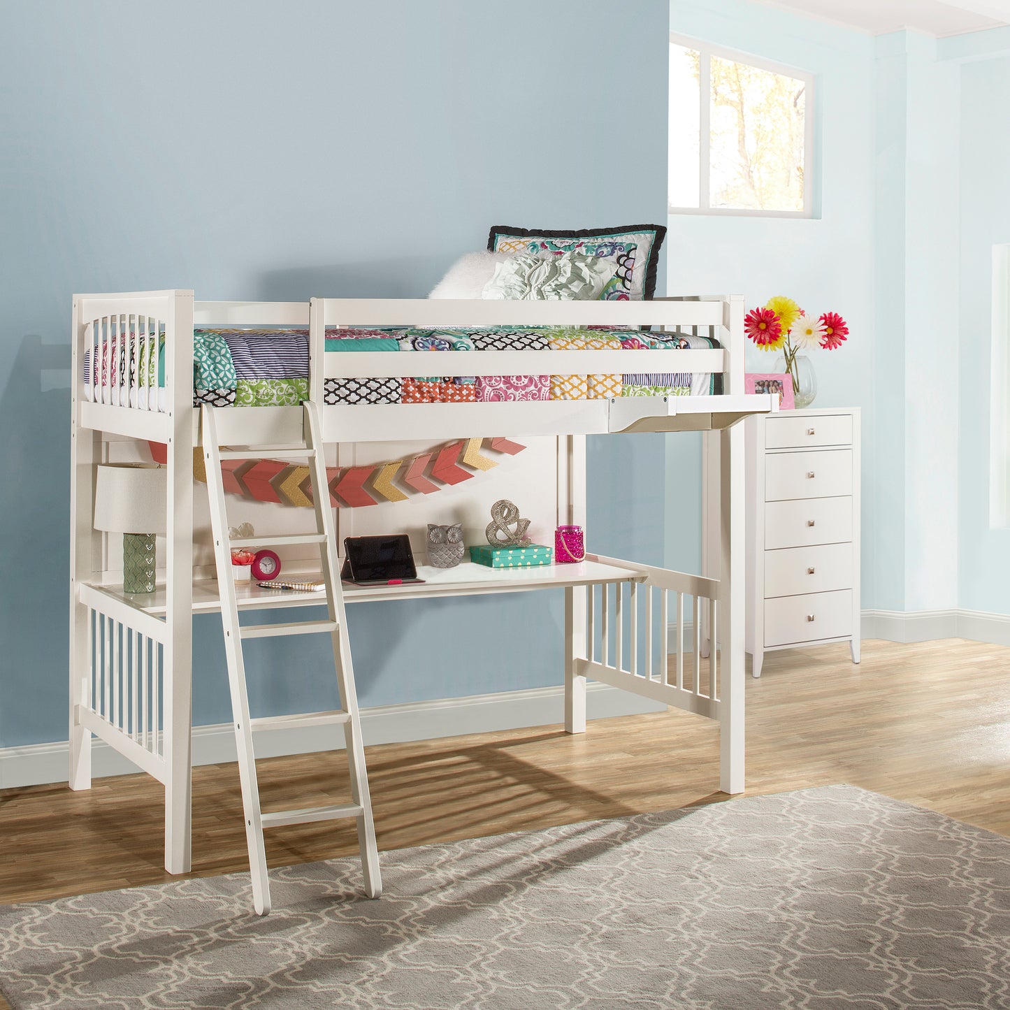 Hillsdale Kids and Teen Pulse Wood Twin Loft Bed with Chair and Hanging Nightstand, White