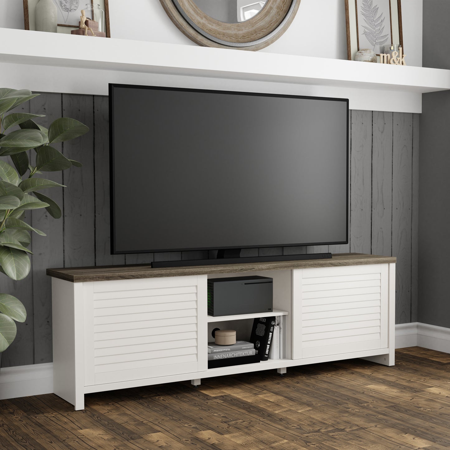 Living Essentials by Hillsdale Handerson 74 Inch Wood Entertainment Console, White with Dark Oak Finish Top